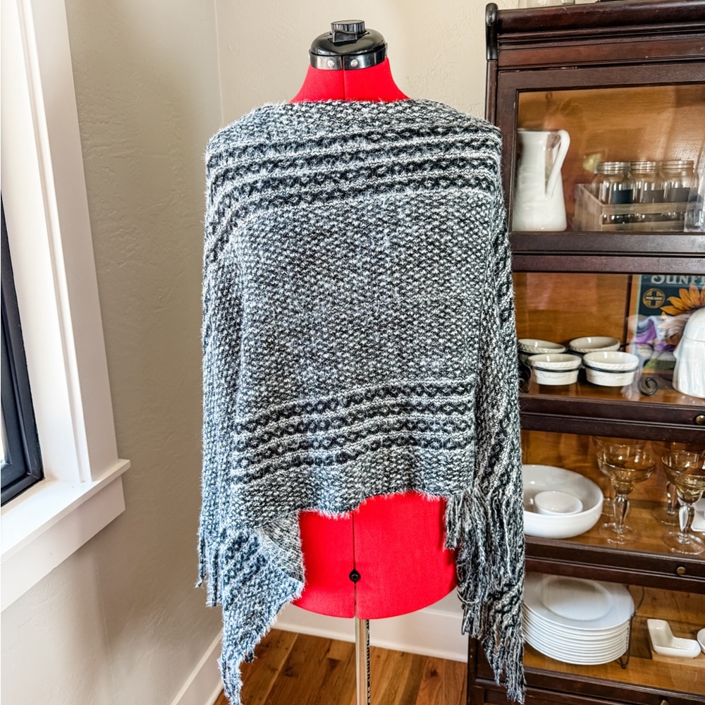 Styliné Black Gray Textured Knit Fringe Poncho Wrap One Size